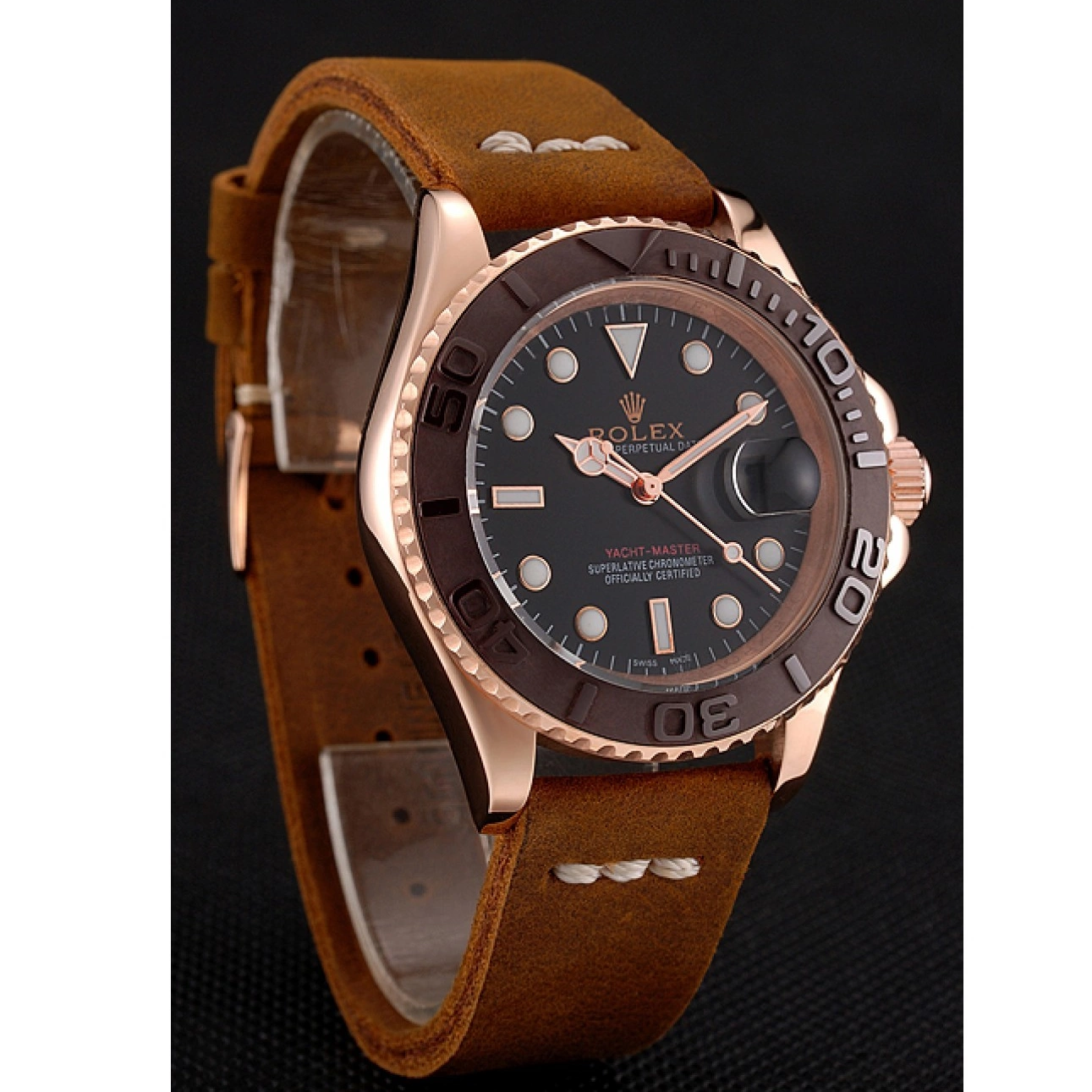Best AAA Replica Sites Black Rose Gold Bezel Bracelet Yacht Brown Master 1453860 Brown Leather Dial Case Rolex 0712
